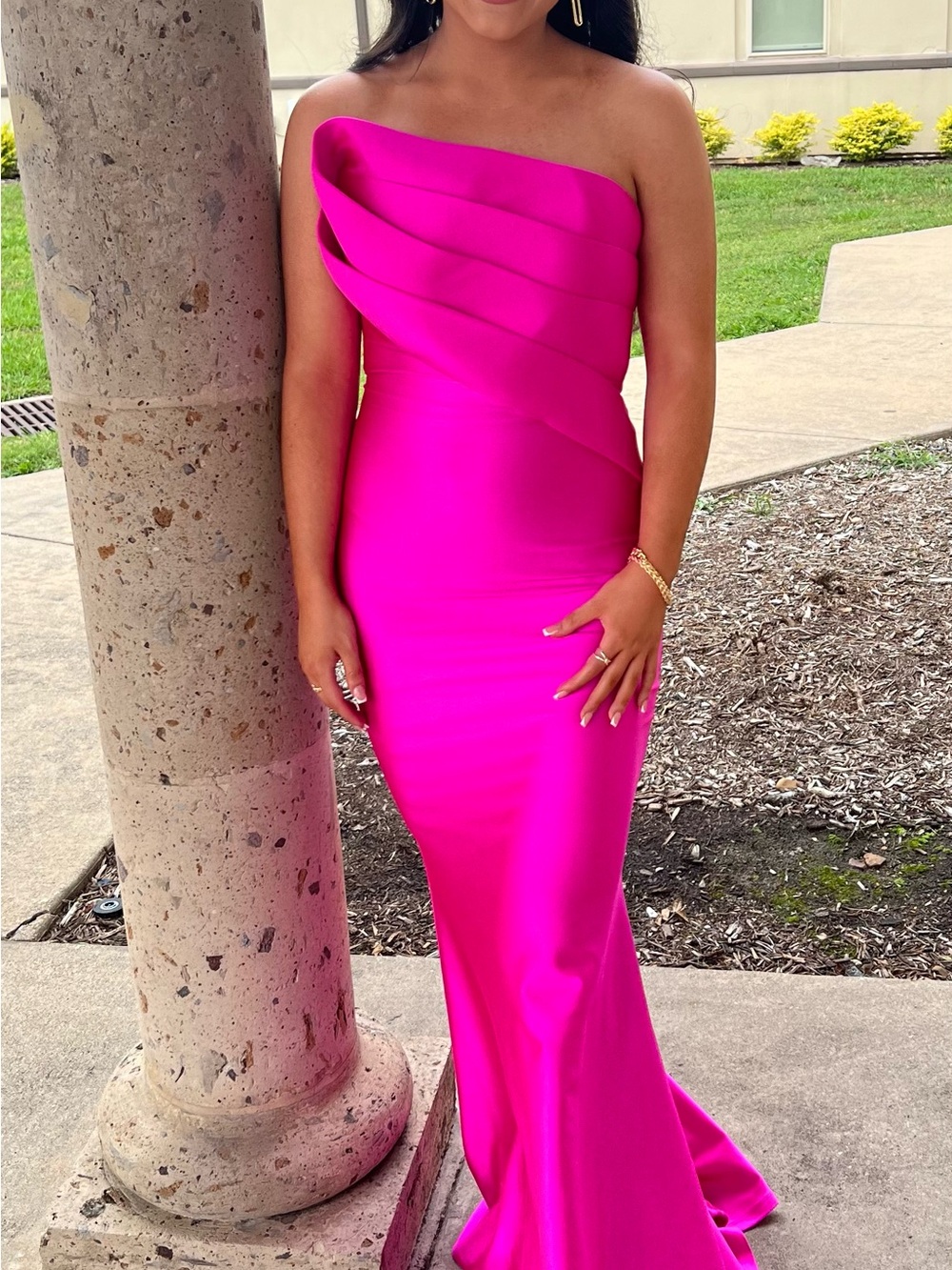 Strapless Ruched Satin Gown in Hot Pink- Nicole Bakti size 6